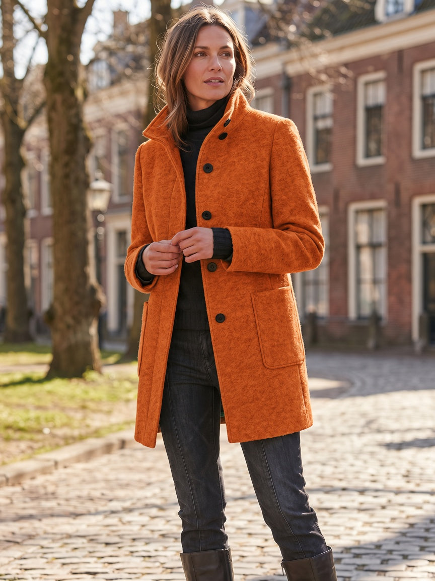 Women's Wool Blend Stand Collar Coat in Orange – Full Length View