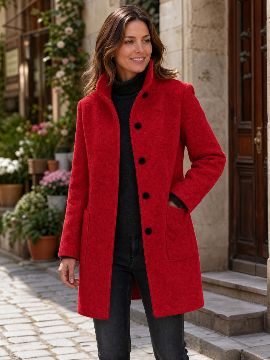 Women's Wool Blend Stand Collar Coat in Red – Front View