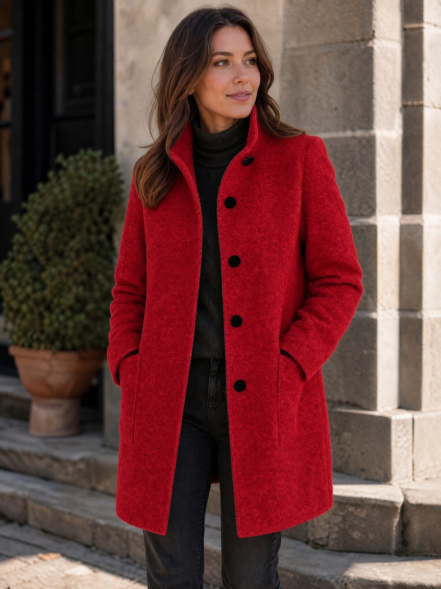 Women's Wool Blend Stand Collar Coat in Red – Hands in Pockets View