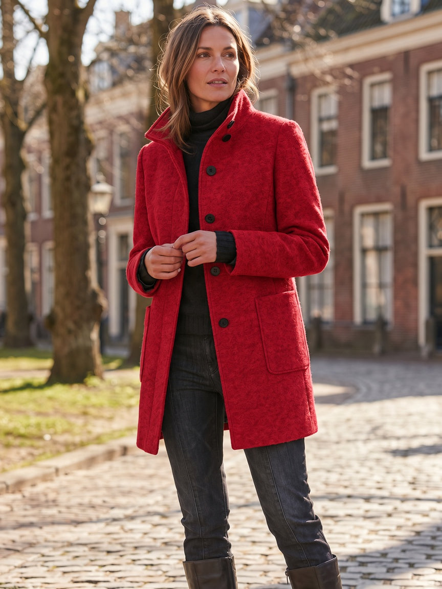 Women's Wool Blend Stand Collar Coat in Red – Full Length View
