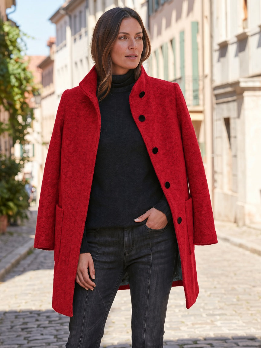 Women's Wool Blend Stand Collar Coat in Red – Open Coat View