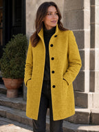 Women's Wool Blend Stand Collar Coat in Yellow – Hands in Pockets View