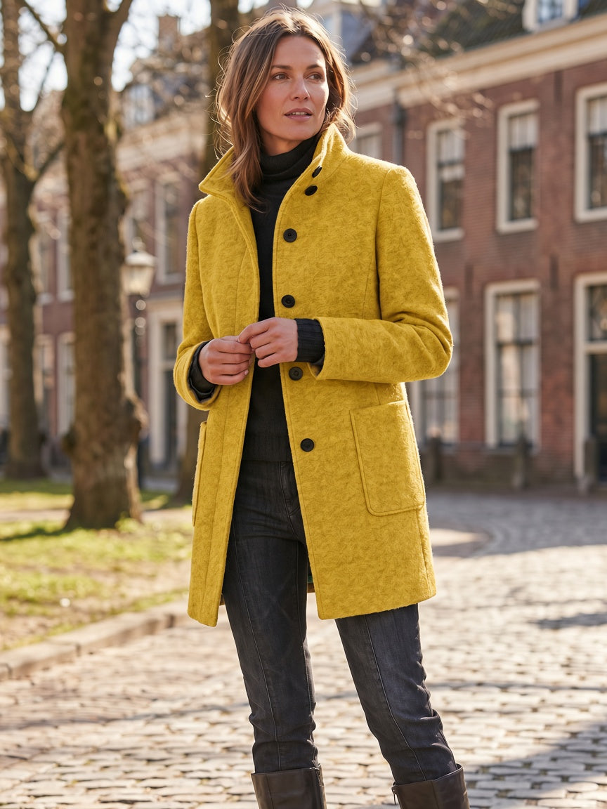 Women's Wool Blend Stand Collar Coat in Yellow – Full Length View