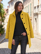 Women's Wool Blend Stand Collar Coat in Yellow – Open Coat View