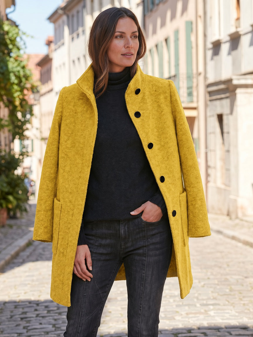 Women's Wool Blend Stand Collar Coat in Yellow – Open Coat View