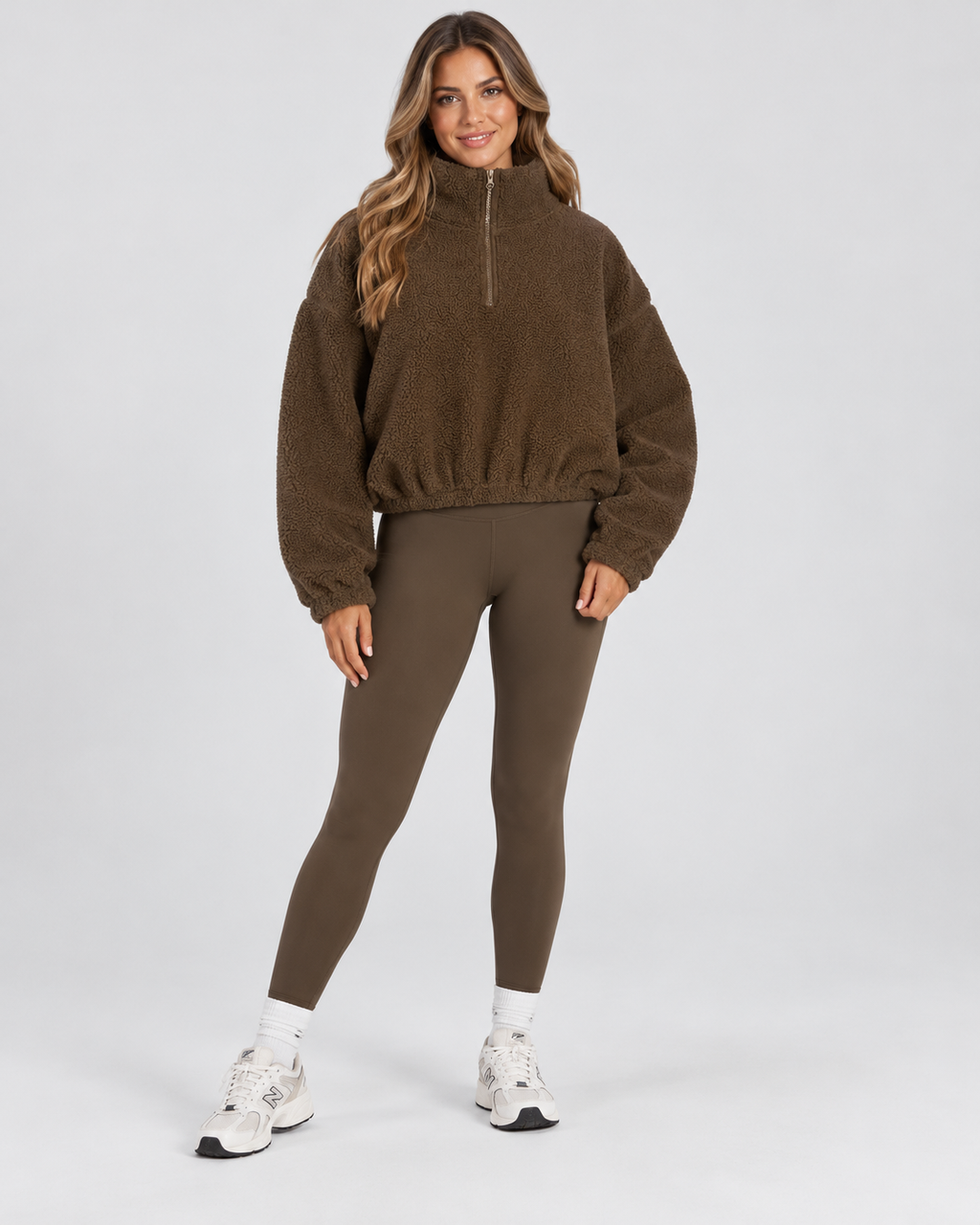 Women's Three Piece Co-Ord Set with Half Zip Teddy Fleece Pullover and Leggings