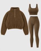 Women's Three Piece Co-Ord Set with Half Zip Teddy Fleece Pullover and Leggings