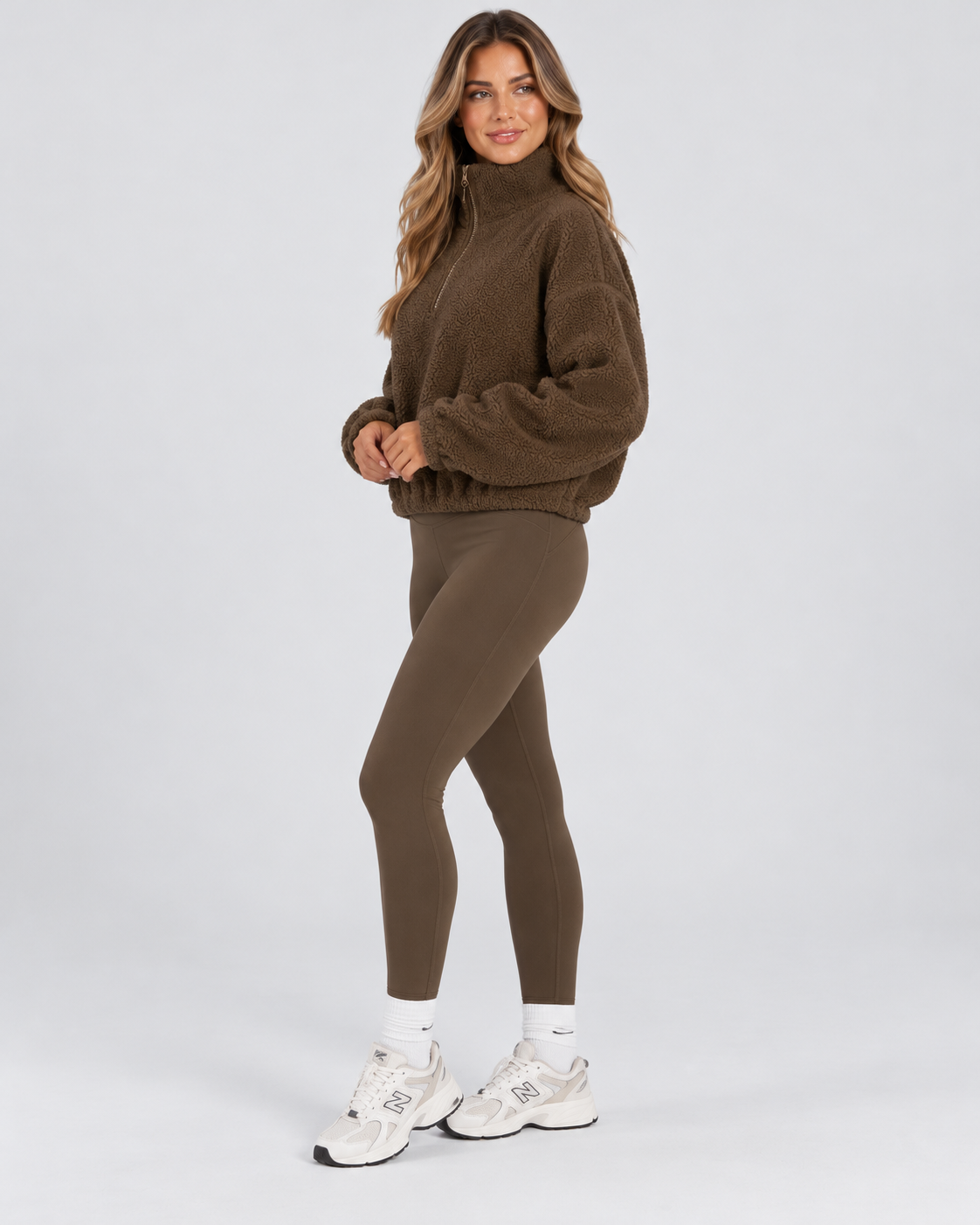 Women's Three Piece Co-Ord Set with Half Zip Teddy Fleece Pullover and Leggings
