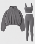 Women's Three Piece Co-Ord Set with Half Zip Teddy Fleece Pullover and Leggings