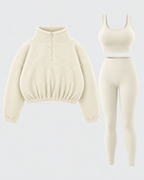Women's Three Piece Co-Ord Set with Half Zip Teddy Fleece Pullover and Leggings