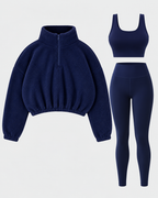 Women's Three Piece Co-Ord Set with Half Zip Teddy Fleece Pullover and Leggings