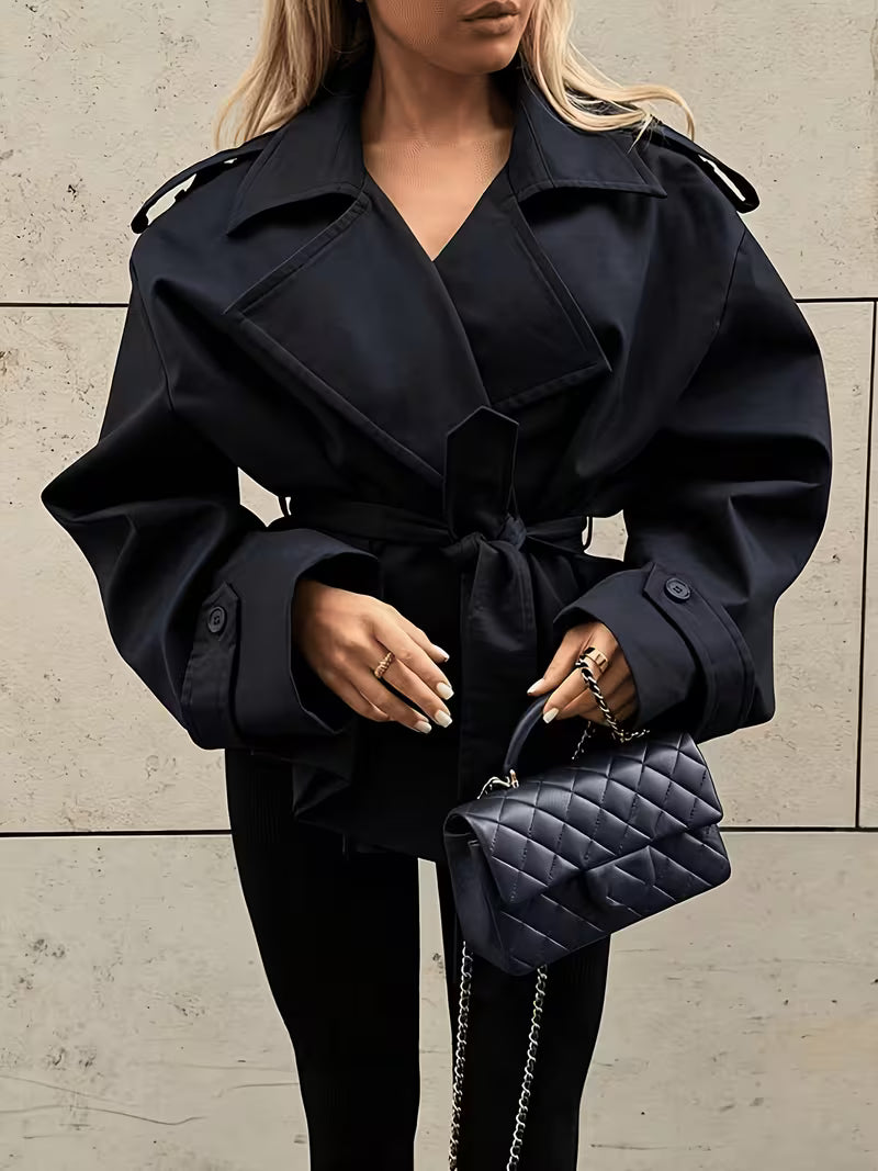 Women's Tie Waist Trench Coat with Lapel Collar and Belt - Black