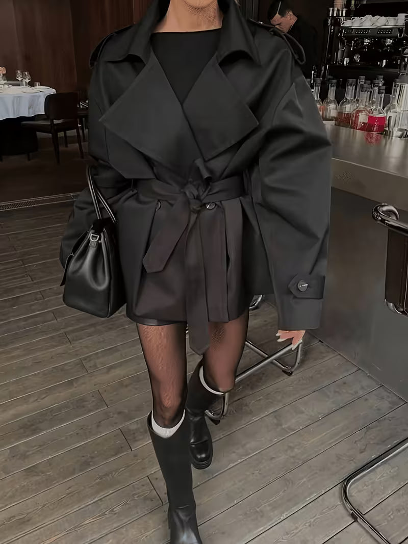 Women's Tie Waist Trench Coat with Lapel Collar and Belt - Black