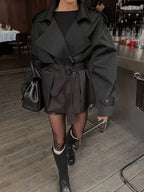 Women's Tie Waist Trench Coat with Lapel Collar and Belt - Black