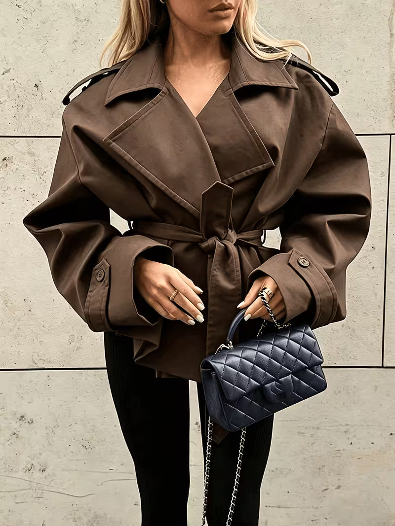 Women's Tie Waist Trench Coat with Lapel Collar and Belt - Brown