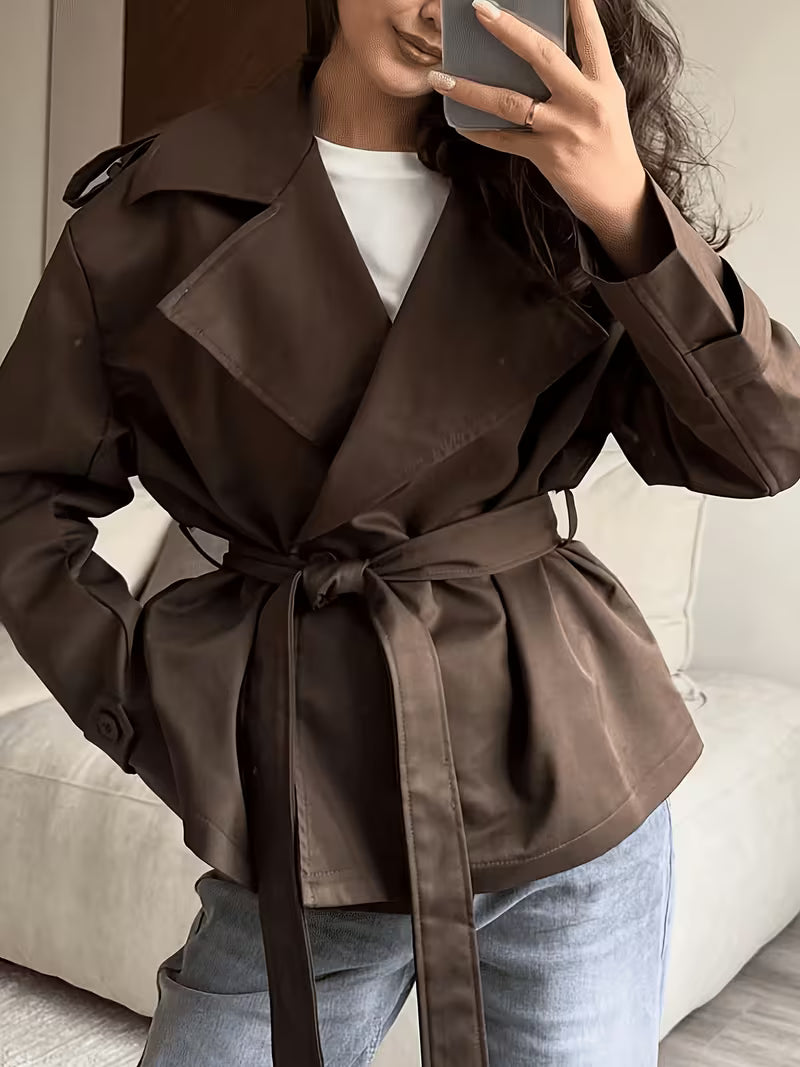 Women's Tie Waist Trench Coat with Lapel Collar and Belt - Brown