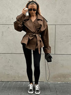 Women's Tie Waist Trench Coat with Lapel Collar and Belt - Brown