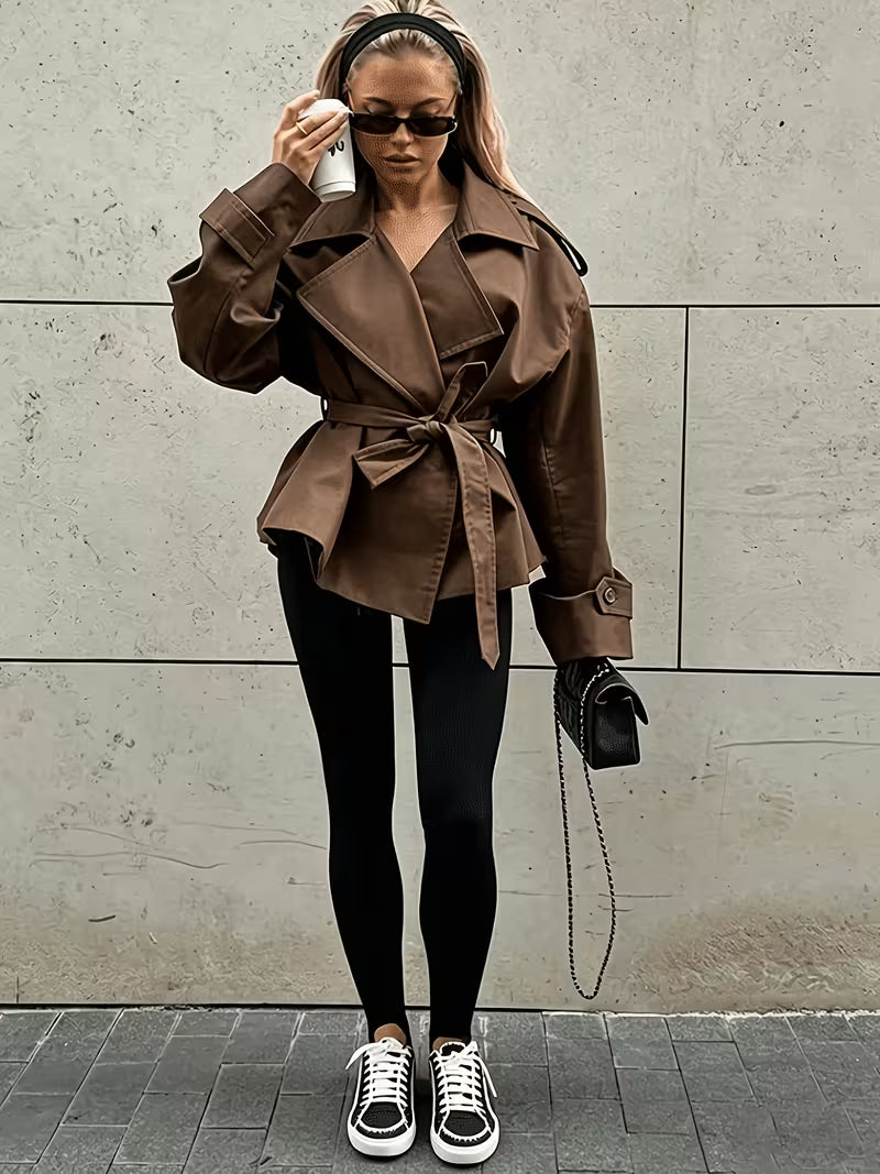 Women's Tie Waist Trench Coat with Lapel Collar and Belt - Brown
