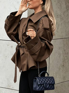 Women's Tie Waist Trench Coat with Lapel Collar and Belt - Brown