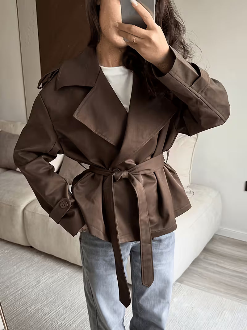 Women's Tie Waist Trench Coat with Lapel Collar and Belt - Brown