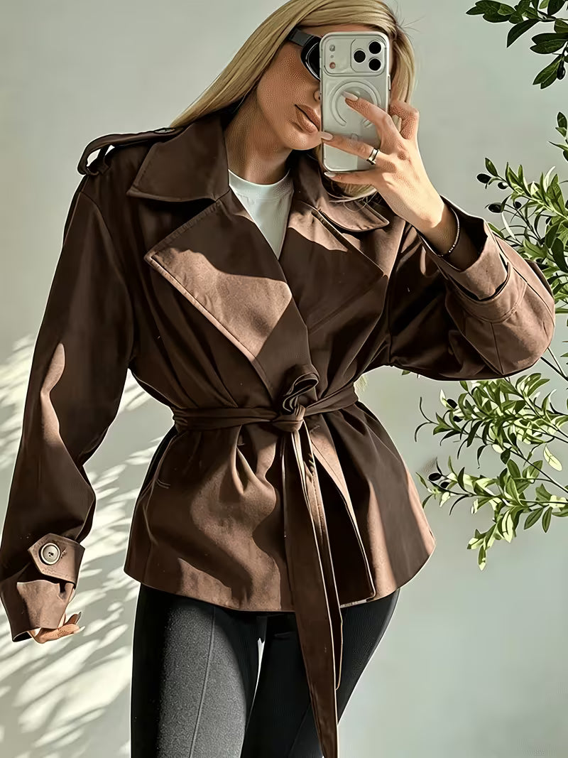 Women's Tie Waist Trench Coat with Lapel Collar and Belt - Brown