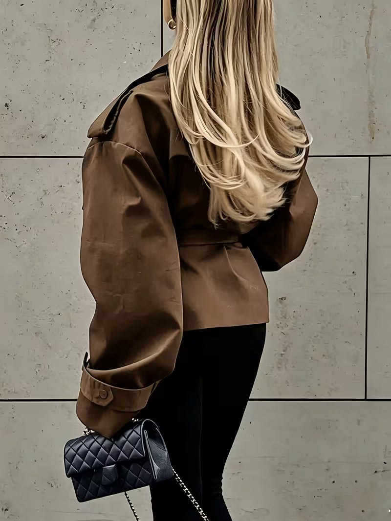 Women's Tie Waist Trench Coat with Lapel Collar and Belt - Brown