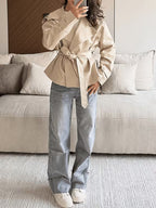 Women's Tie Waist Trench Coat with Lapel Collar and Belt - Khaki