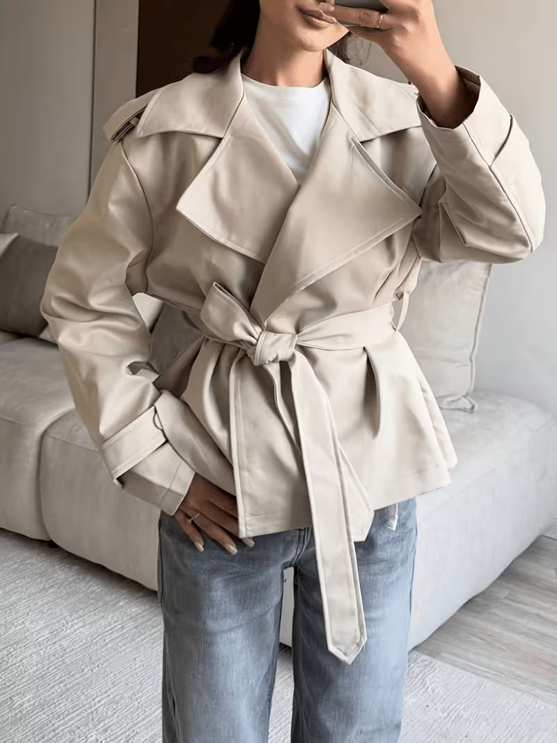 Women's Tie Waist Trench Coat with Lapel Collar and Belt - Khaki