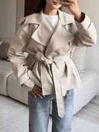 Women's Tie Waist Trench Coat with Lapel Collar and Belt - Khaki