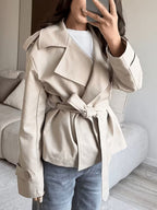 Women's Tie Waist Trench Coat with Lapel Collar and Belt - Khaki
