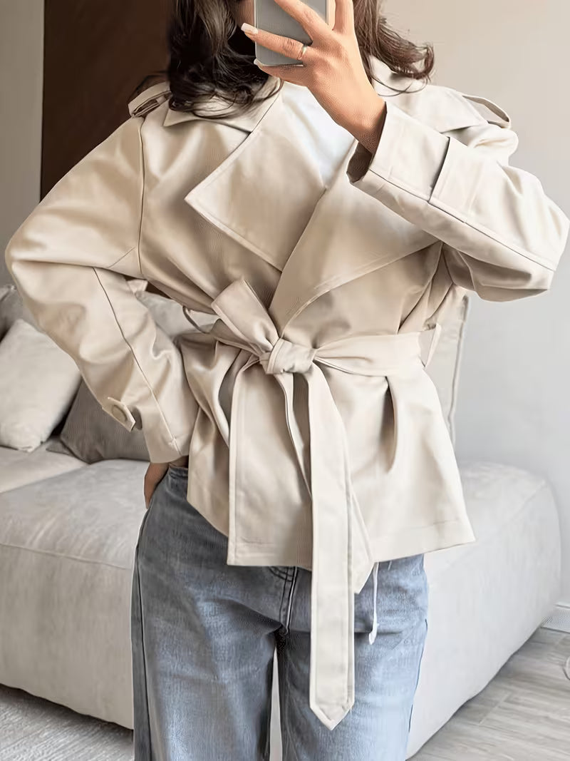 Women's Tie Waist Trench Coat with Lapel Collar and Belt - Khaki