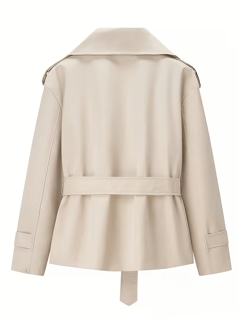 Women's Tie Waist Trench Coat with Lapel Collar and Belt - Khaki