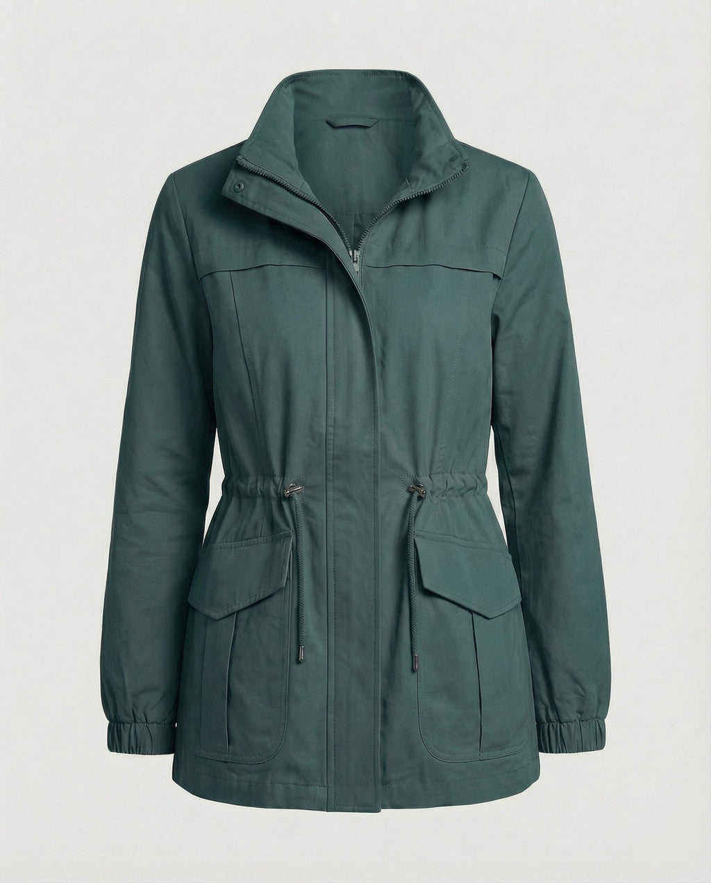 Women's Utility Jacket with Drawstring Waist and Flap Pockets