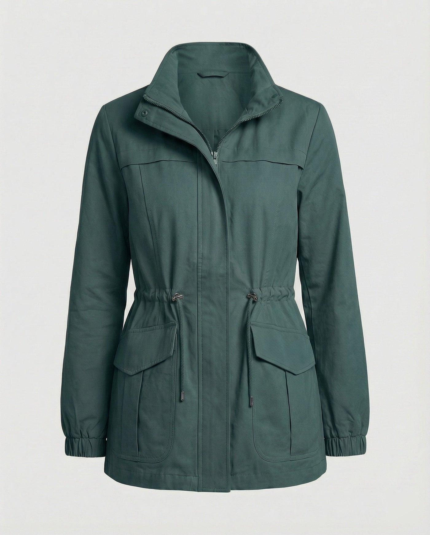 Women's Utility Jacket with Drawstring Waist and Flap Pockets