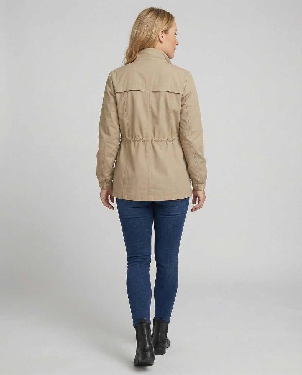 Women's Utility Jacket with Drawstring Waist and Flap Pockets