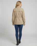 Women's Utility Jacket with Drawstring Waist and Flap Pockets