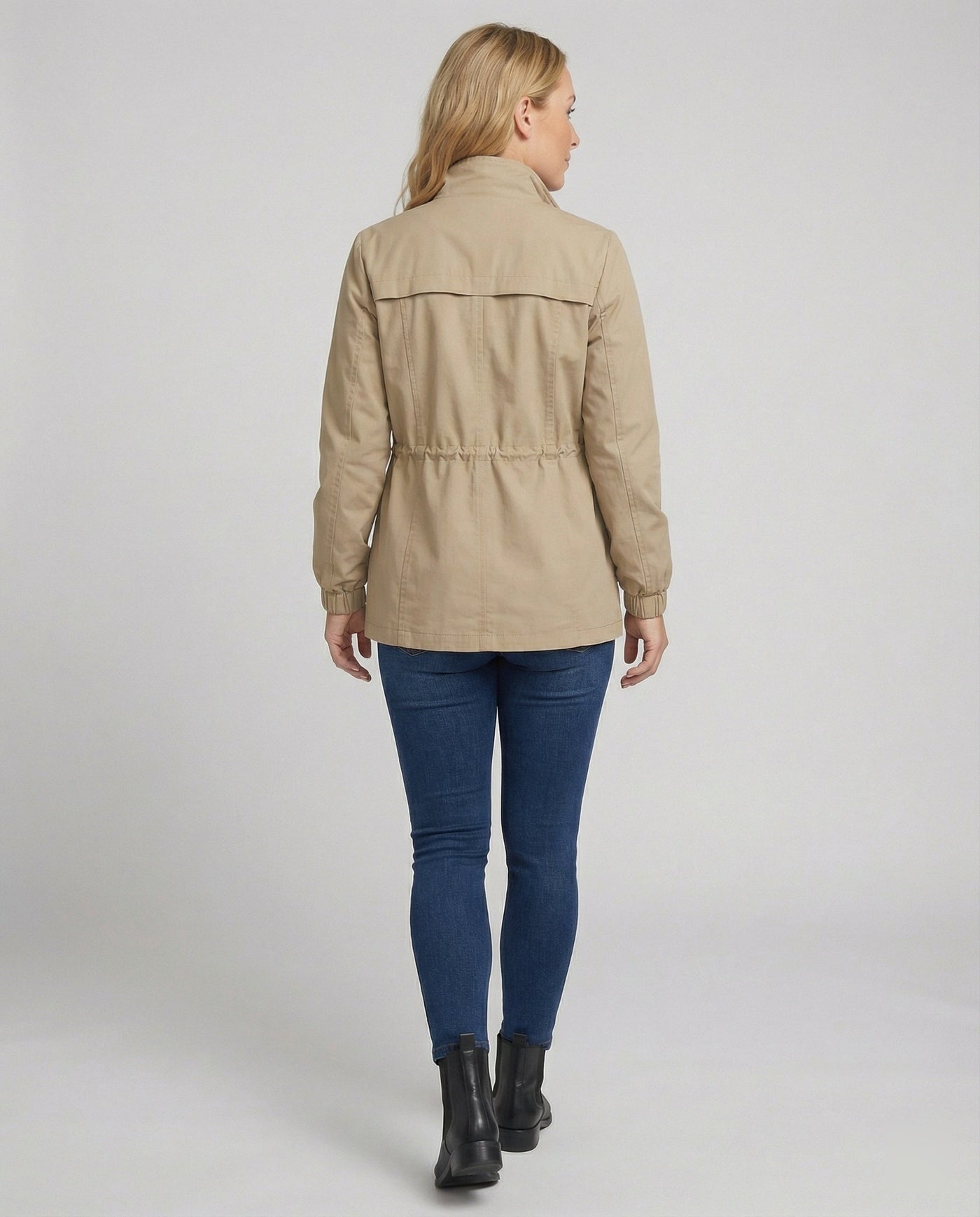 Women's Utility Jacket with Drawstring Waist and Flap Pockets