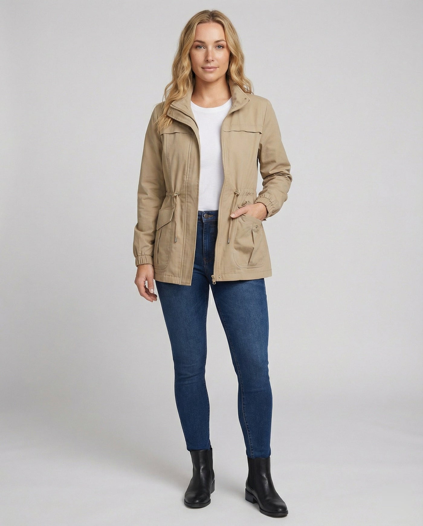 Women's Utility Jacket with Drawstring Waist and Flap Pockets
