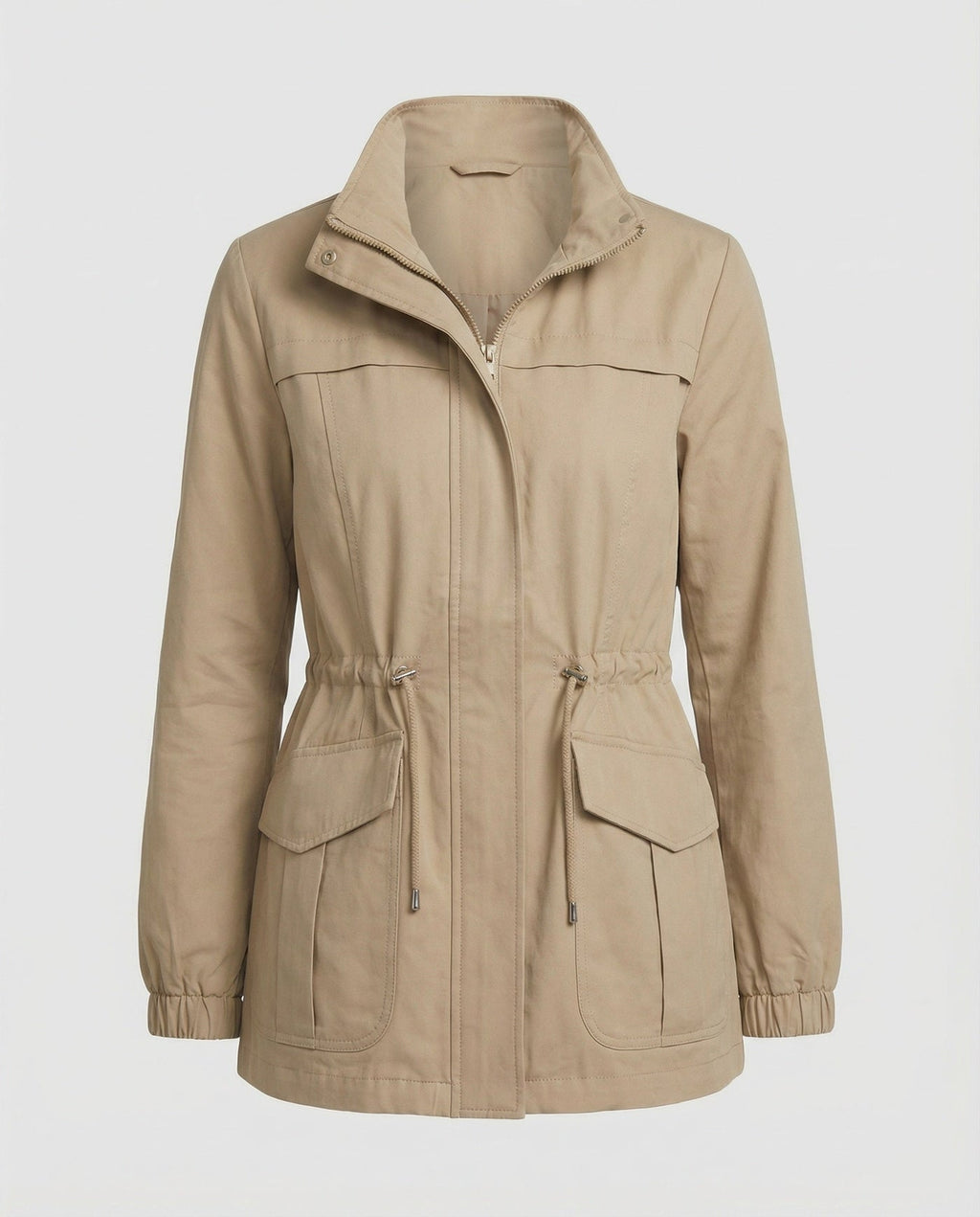 Women's Utility Jacket with Drawstring Waist and Flap Pockets