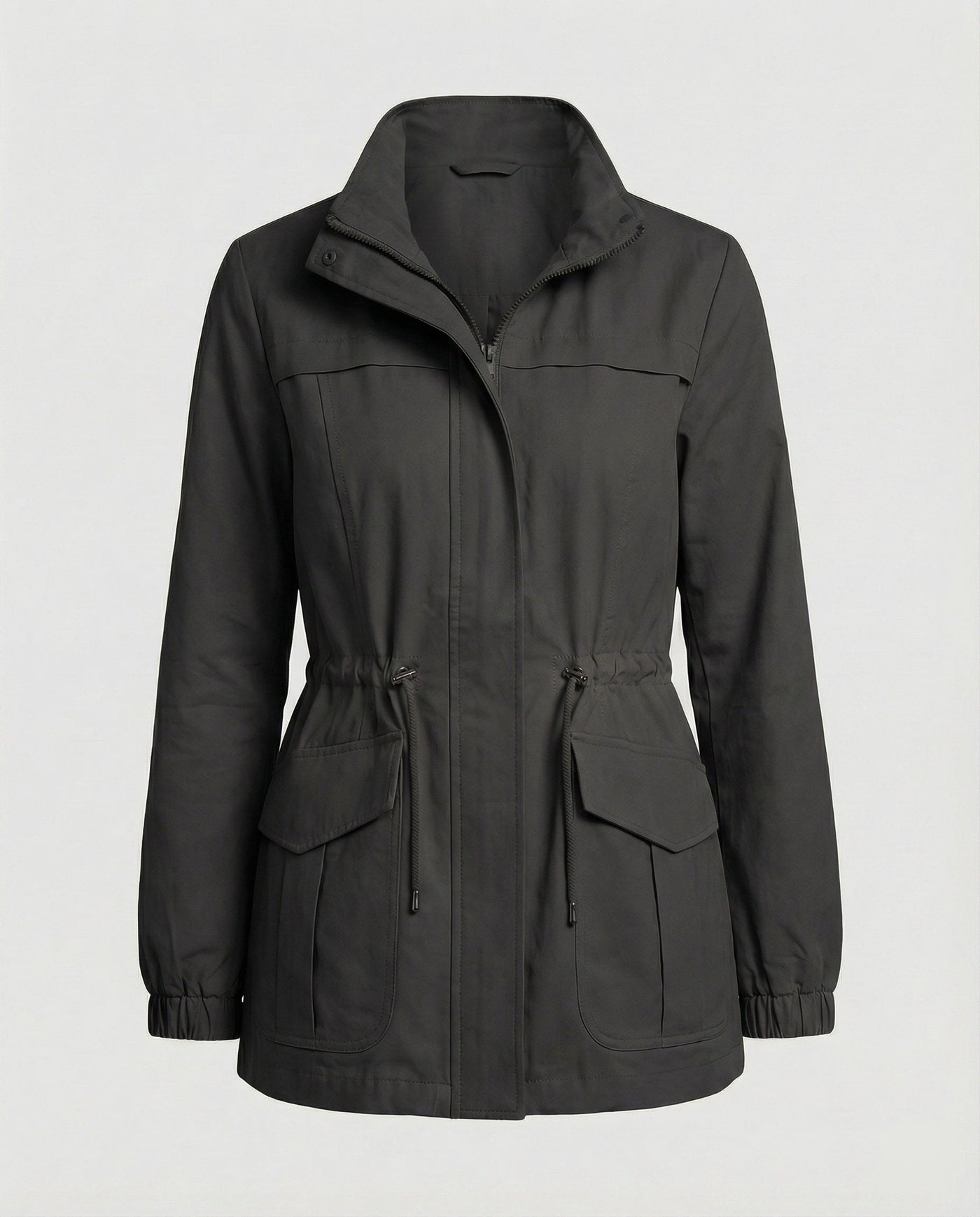 Women's Utility Jacket with Drawstring Waist and Flap Pockets