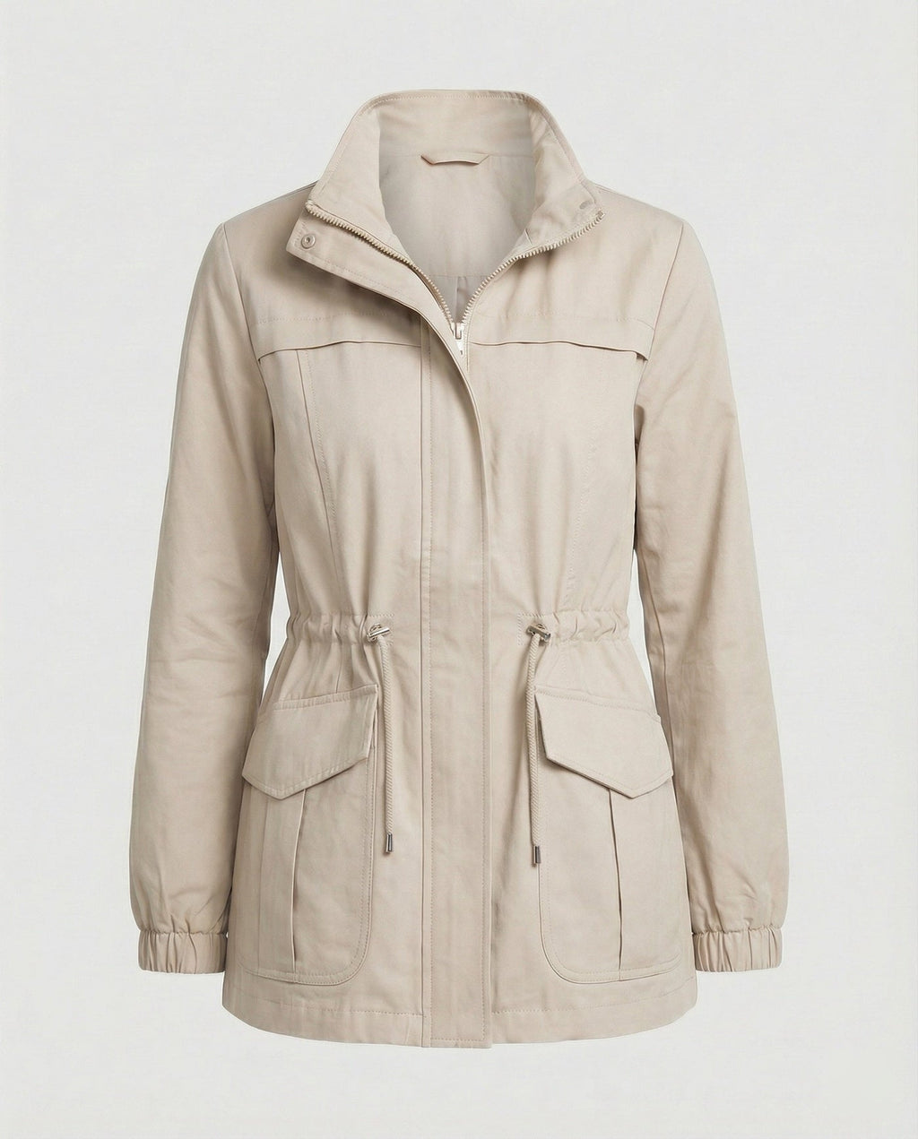 Women's Utility Jacket with Drawstring Waist and Flap Pockets