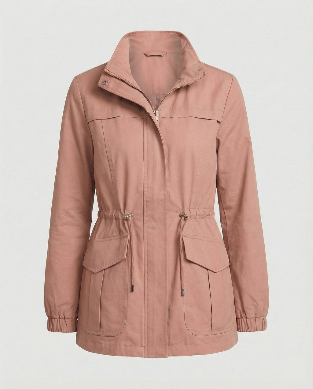 Women's Utility Jacket with Drawstring Waist and Flap Pockets