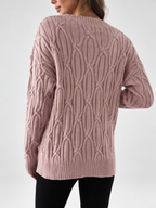 Women's V Neck Knit Jumper with Raised Cable Pattern and Drop Shoulders in Pink – Back View