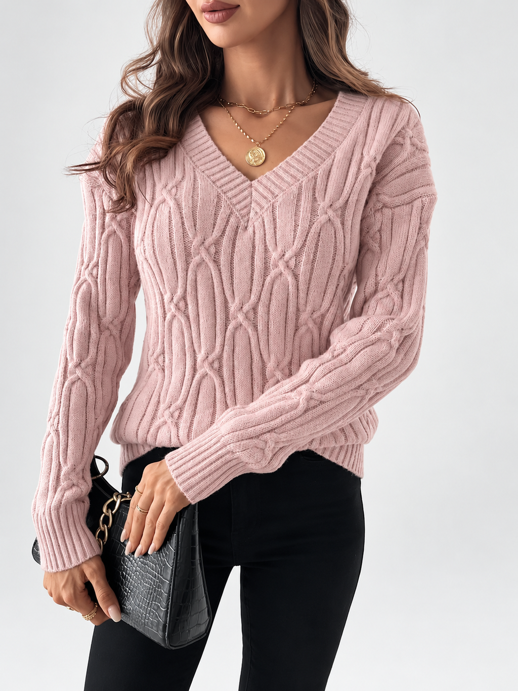 Women's V Neck Knit Jumper with Raised Cable Pattern and Drop Shoulders in Pink – Sleeve and Neckline Detail