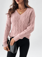 Women's V Neck Knit Jumper with Raised Cable Pattern and Drop Shoulders in Pink – Sleeve and Neckline Detail