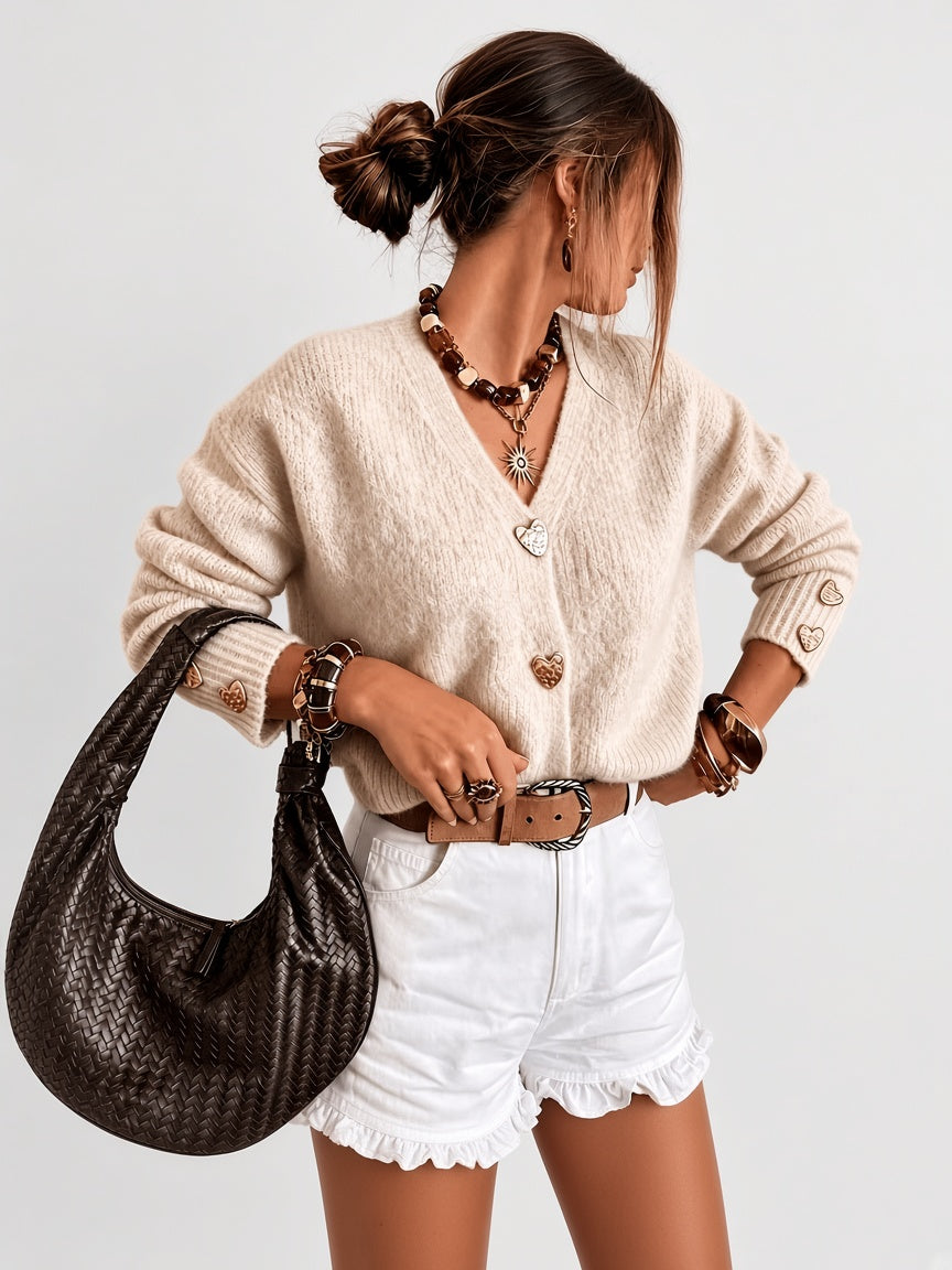 Women's V Neck Knitted Cardigan with Heart Shaped Button Front in Apricot – Front View