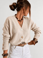 Women's V Neck Knitted Cardigan with Heart Shaped Button Front in Apricot – Front View