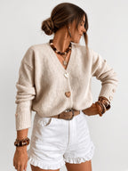 Women's V Neck Knitted Cardigan with Heart Shaped Button Front in Apricot – Front View