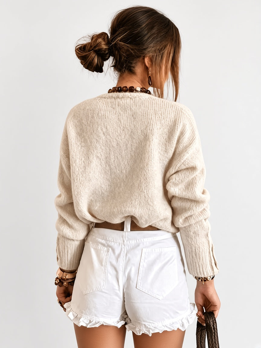 Women's V Neck Knitted Cardigan with Heart Shaped Button Front in Apricot – Back View