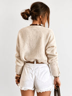 Women's V Neck Knitted Cardigan with Heart Shaped Button Front in Apricot – Back View